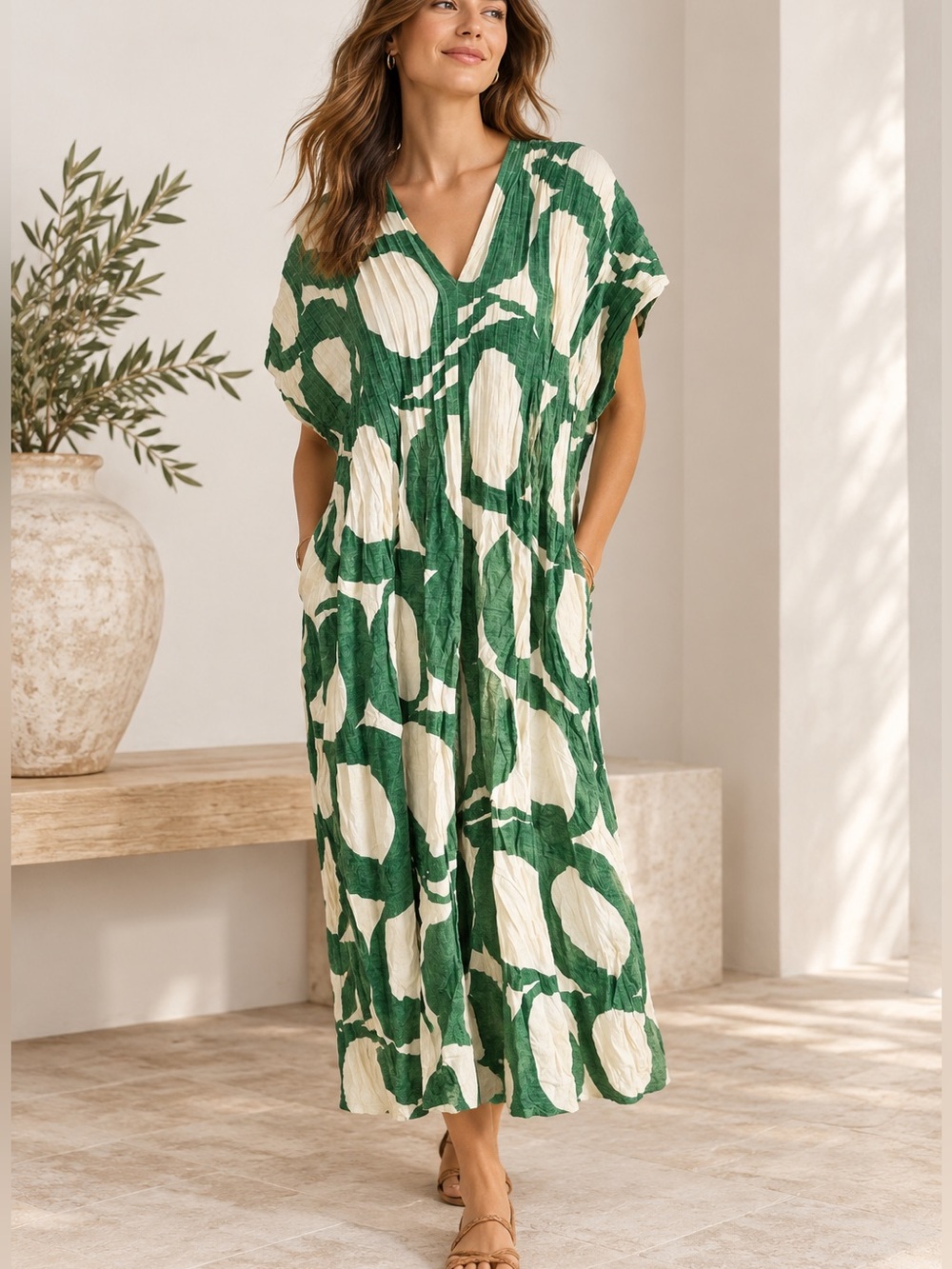 Chico’s Size 3 XL Green Ivory Abstract Print Maxi Dress V Neck Silk Blend